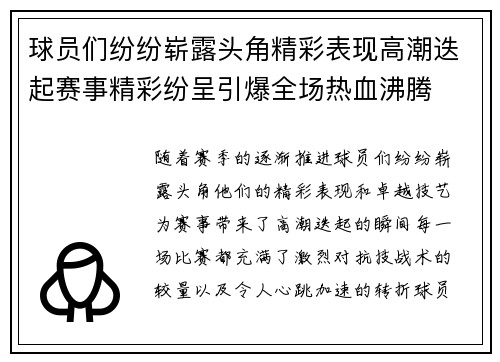 球员们纷纷崭露头角精彩表现高潮迭起赛事精彩纷呈引爆全场热血沸腾