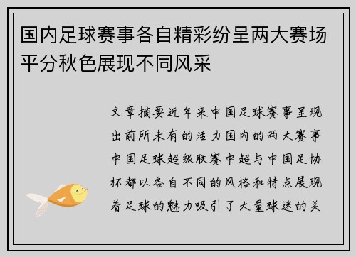国内足球赛事各自精彩纷呈两大赛场平分秋色展现不同风采
