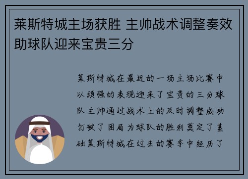 莱斯特城主场获胜 主帅战术调整奏效助球队迎来宝贵三分