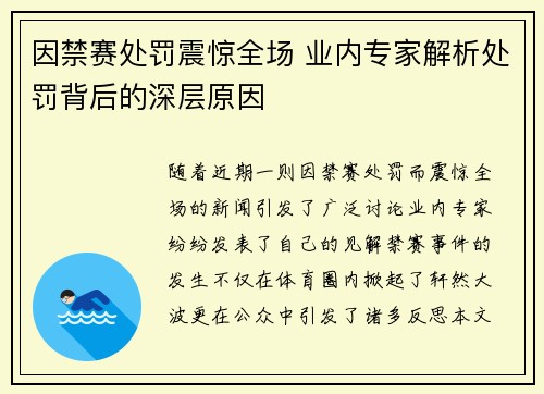 因禁赛处罚震惊全场 业内专家解析处罚背后的深层原因